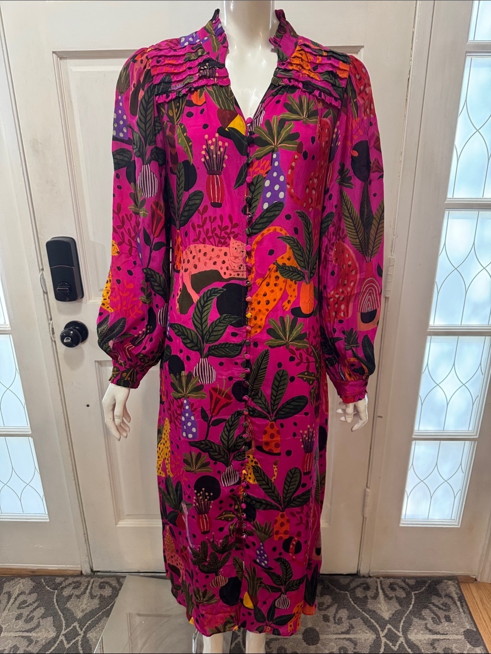 Farm Rio Jungle Print Maxi Dress Womens Pink Leopard Monkey Long Sleeve Sz S - Picture 3 of 16